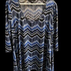 Karen Kane Chevron Tunic, Multi- Blue with Asymmetrical Hem, Size XL